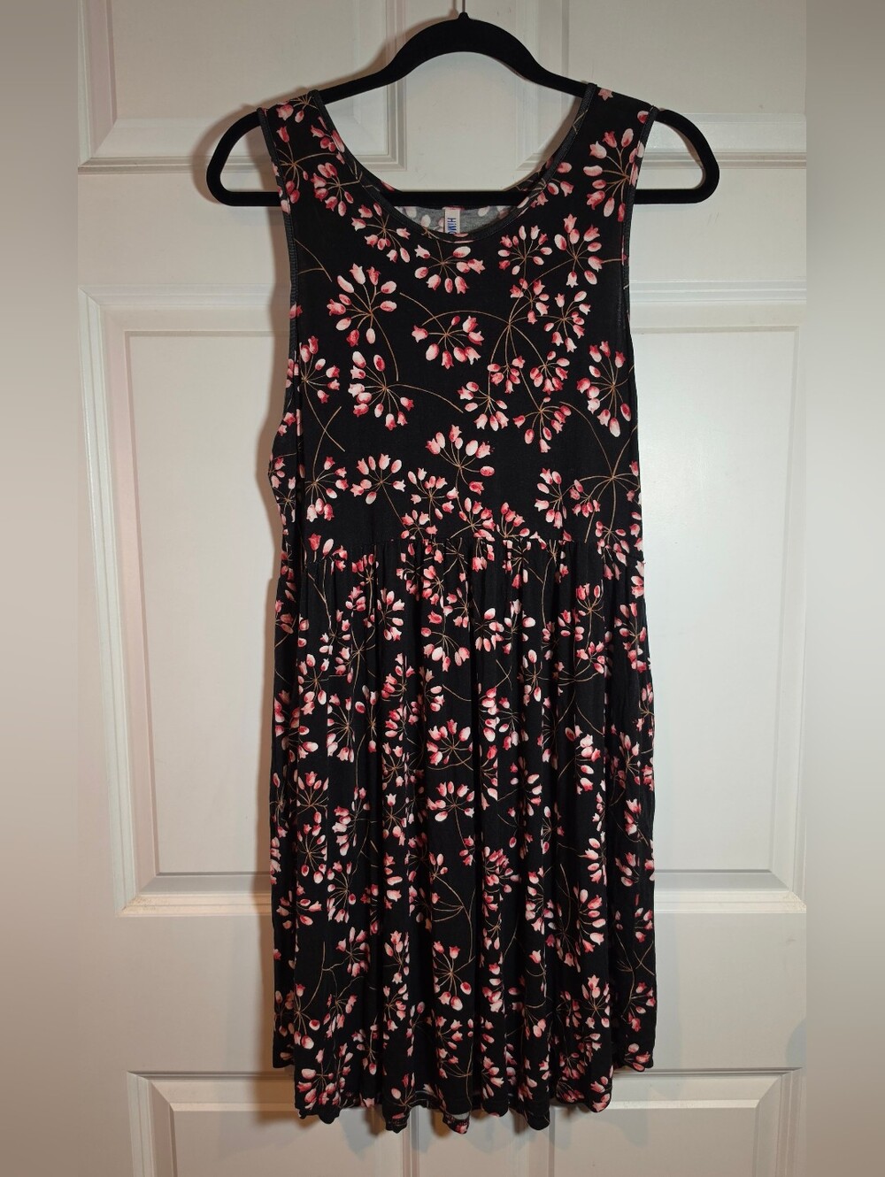 Himone Women's Black Floral Sleeveless Dress - Pink Blossom Print & Pockets XL